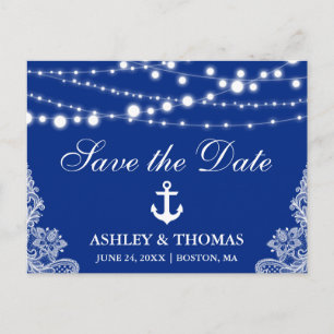 Nautical Anchor Lights & Lace Save the Date Announcement Postcard