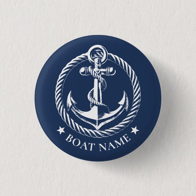 Nautical Anchor Logo Navy Blue Boat Name 3 Cm Round Badge (Front)