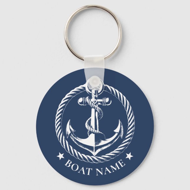 Nautical Anchor Logo Navy Blue Boat Name Key Ring (Front)