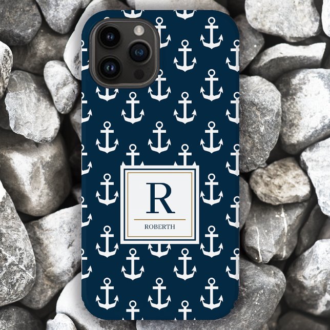 Nautical Anchor Marine Navy Blue Pattern Monogram Case-Mate iPhone Case (Creator Uploaded)