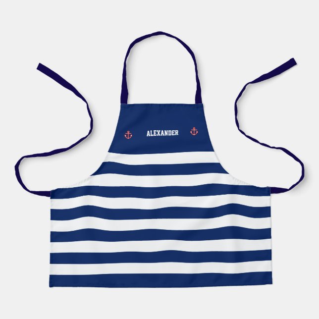 Nautical Anchor Marine Navy Blue White Stripes Apr Apron (Front)