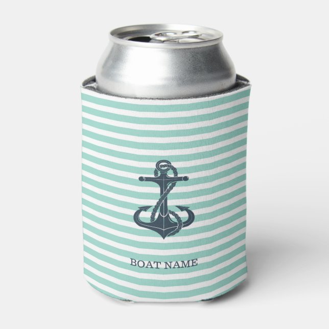 Nautical,Anchor,Mint Green Stripes Can Cooler (Can Front)