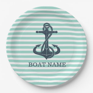 Nautical,Anchor,Mint Green Stripes Paper Plate