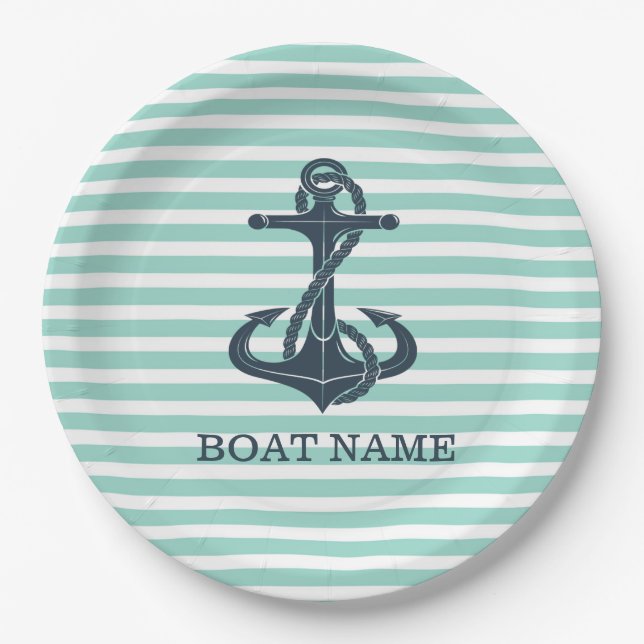 Nautical,Anchor,Mint Green Stripes Paper Plate (Front)