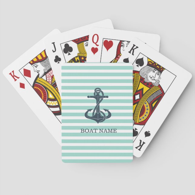 Nautical,Anchor,Mint Green Stripes Playing Cards (Back)