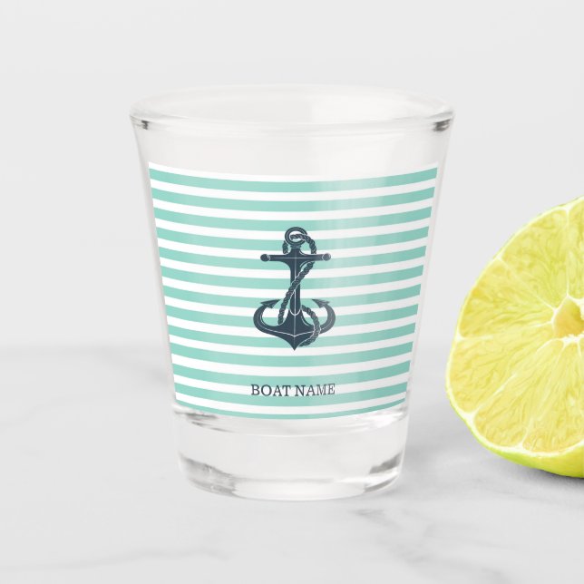 Nautical,Anchor,Mint Green Stripes Shot Glass (Front)