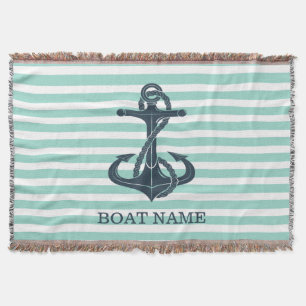 Nautical,Anchor,Mint Green Stripes Throw Blanket