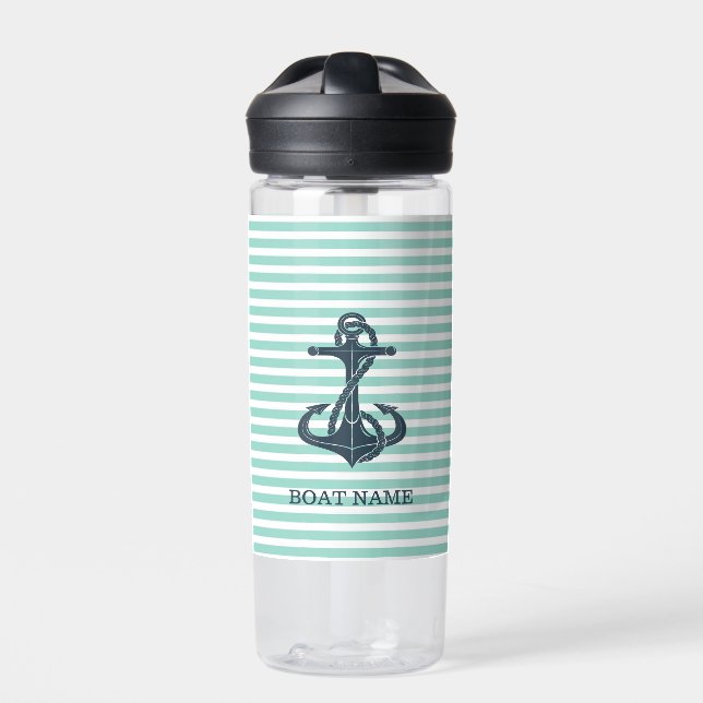 Nautical,Anchor,Mint Green Stripes Water Bottle (Front)