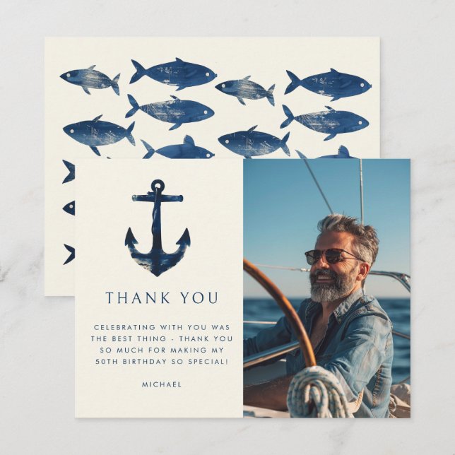 Nautical Anchor Modern Navy Blue Photo Birthday Thank You Card (Front/Back)