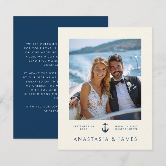 Nautical Anchor Modern Navy Blue Photo Wedding Thank You Card (Front/Back)