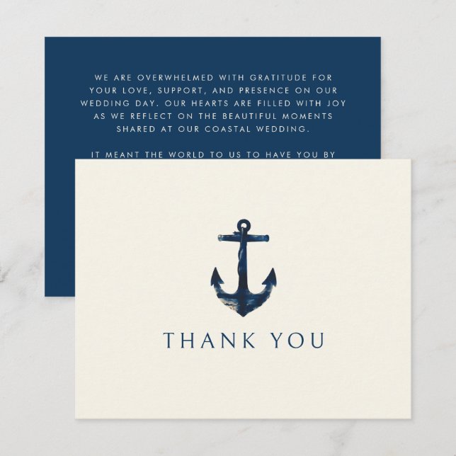 Nautical Anchor Modern Navy Blue Wedding Thank You Card (Front/Back)