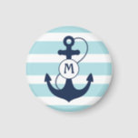 Nautical Anchor Mongram Magnet<br><div class="desc">Light aqua nautical stripes with navy blue anchor and monogram.</div>