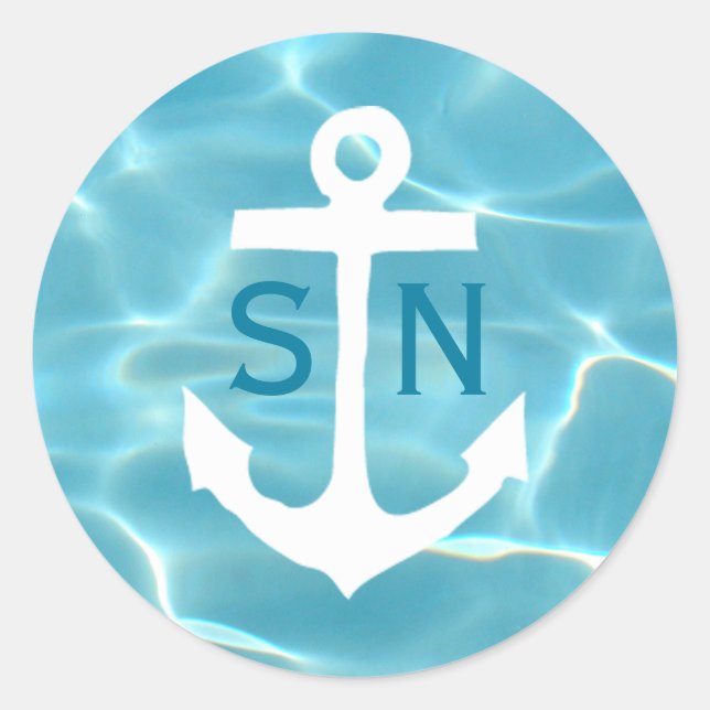 Nautical Anchor Monogram Aqua Classic Round Sticker (Front)
