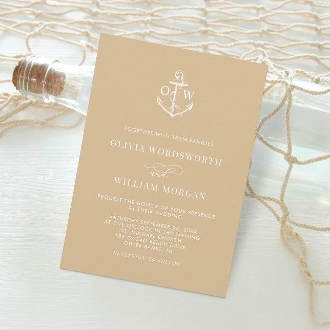 Nautical Anchor Monogram Beige Tan Wedding Invitat Invitation (Creator Uploaded)