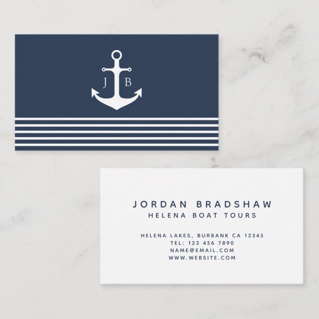 Nautical Anchor Monogram | Blue White Stripe Business Card (Front/Back)