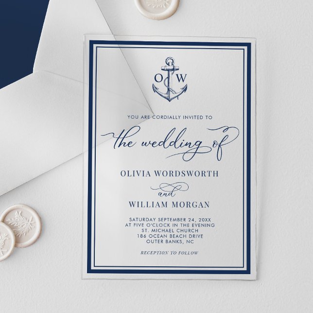 Nautical Anchor Monogram Frame Navy Wedding Acrylic Invitations (Creator Uploaded)