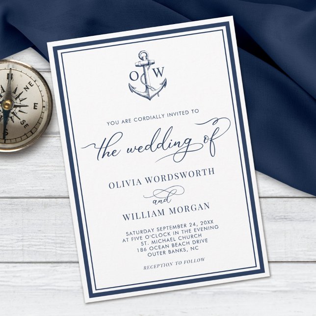 Nautical Anchor Monogram Frame Navy Wedding Invitation (Creator Uploaded)