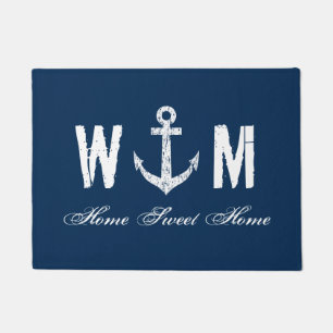 Nautical anchor monogram letter navy blue door mat
