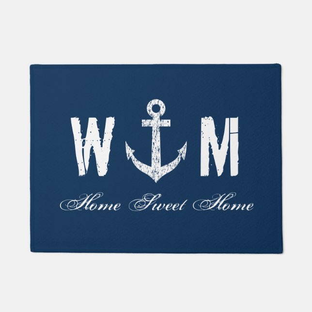 Nautical anchor monogram letter navy blue door mat (Front)