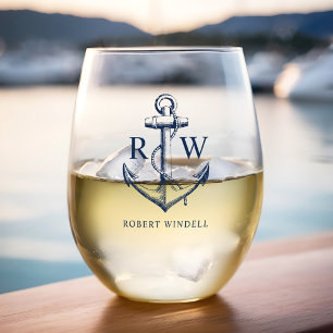 Nautical Anchor Monogram Navy Blue Stemless Wine Glass