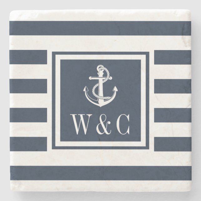 Nautical Anchor Monogram Navy Blue Stripe Stone Coaster (Front)