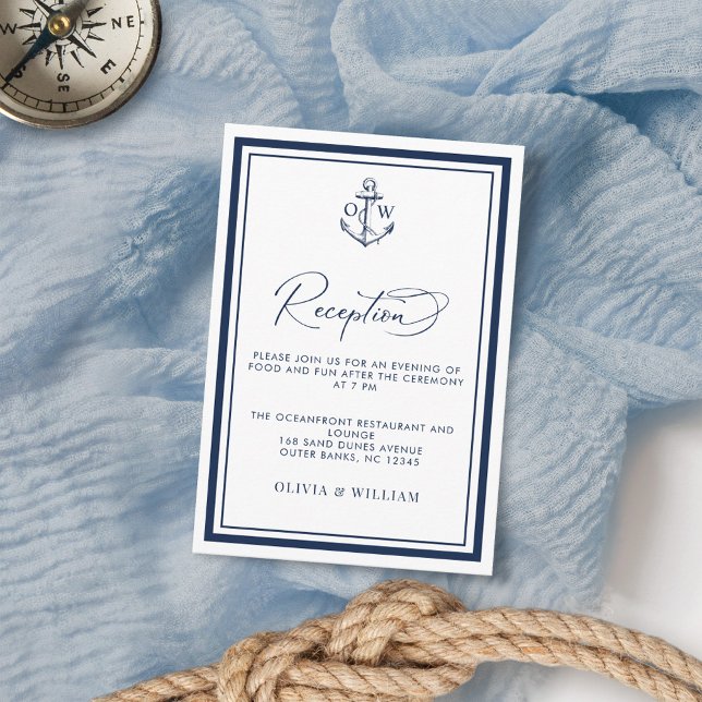 Nautical Anchor Monogram Navy Wedding Reception Enclosure Card (Creator Uploaded)