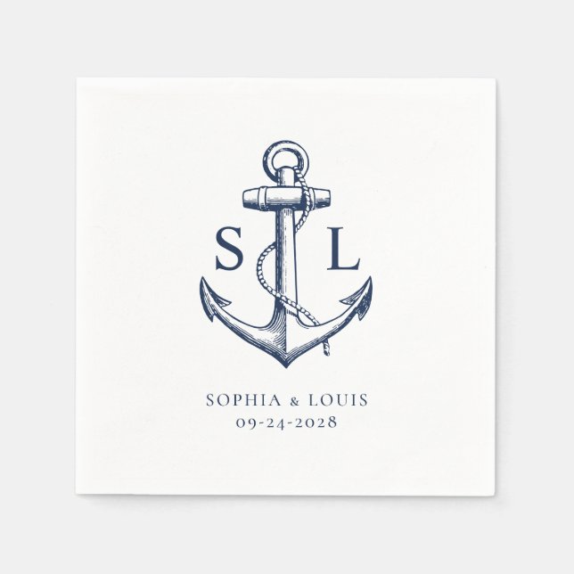 Nautical Anchor Monogram Wedding Navy Napkin (Front)