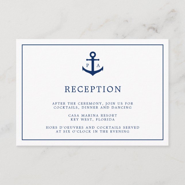 Nautical Anchor Monogram Wedding Reception Enclosure Card (Front)