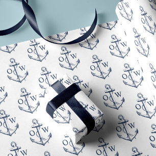 Nautical Anchor Monogram White Navy  Wrapping Paper
