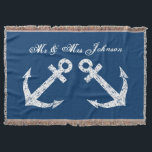 Nautical anchor mr and mrs throw blanket | Blue<br><div class="desc">Nautical anchor mr and mrs throw blanket | Blue. Cute wedding gift idea for newly weds / bride and groom / husband and wife couple. Personalised text and customisable navy blue background colour. Vintage weathered look boat anchors. Also cosy beach home decor for sailors and sailing enthousiasts.</div>