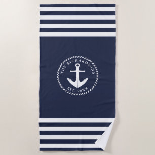 Nautical Anchor Name Modern Navy Blue White Beach Towel