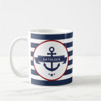 Nautical Anchor Name Navy Blue Stripes