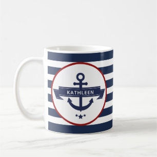Nautical Anchor Name Navy Blue Stripes Coffee Mug