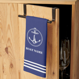 Nautical anchor Name of boat Marine Blue Tea Towel