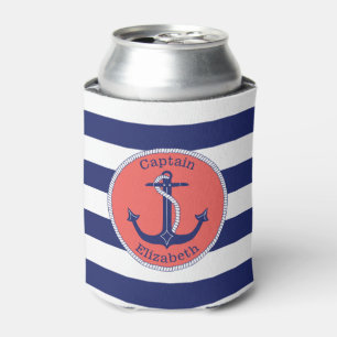 Nautical Anchor Navy and Coral Personalised Can Cooler