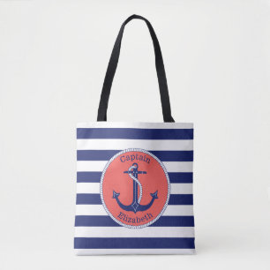 Nautical Anchor Navy and Coral Personalised Tote Bag