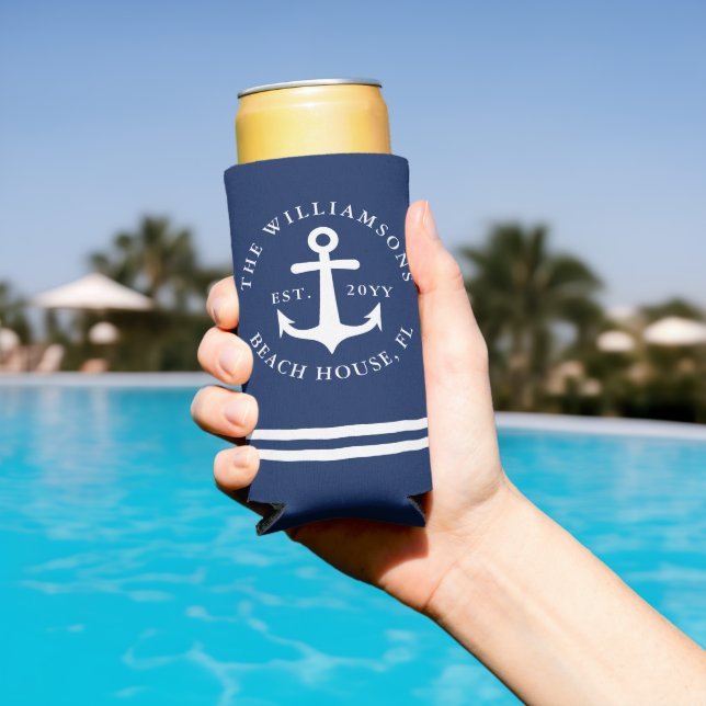 Nautical Anchor Navy Blue and White Beach House Seltzer Can Cooler (In Situ Pool)