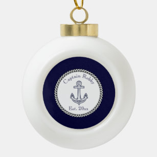 Nautical Anchor Navy Blue and White  Ceramic Ball Christmas Ornament