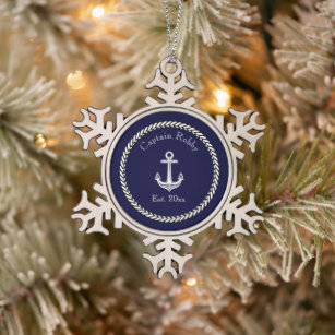Nautical Anchor Navy Blue and White  Ceramic Ball  Snowflake Pewter Christmas Ornament