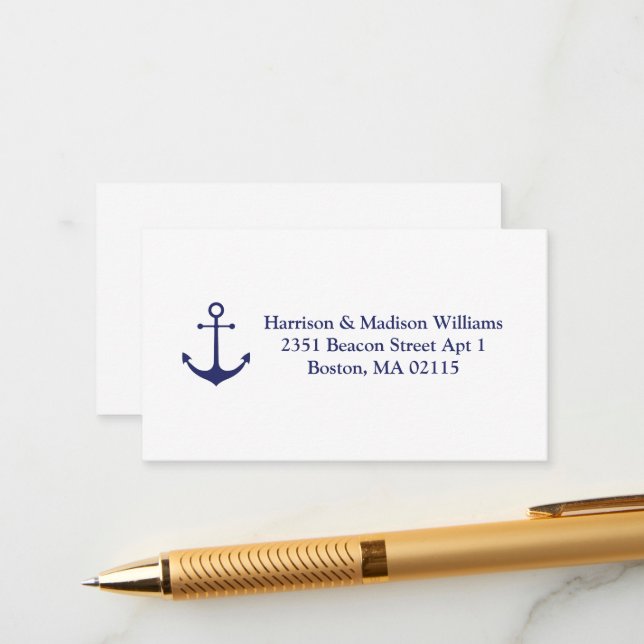 Nautical anchor navy blue and white custom address enclosure card (Front/Back In Situ)