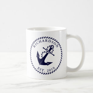 Nautical Anchor Navy Blue and White Personalised Coffee Mug