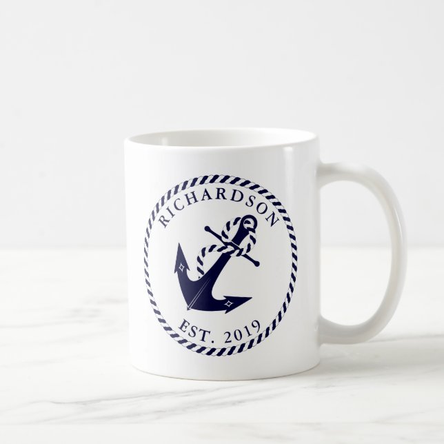 Nautical Anchor Navy Blue and White Personalised Coffee Mug (Right)