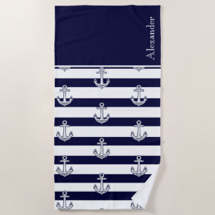 Nautical Anchor Navy Blue  and White Stripes  Beach Towel