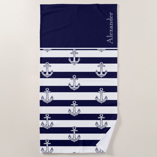 Nautical Anchor Navy Blue  and White Stripes  Beach Towel (Front)