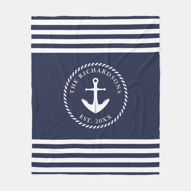Nautical Anchor Navy Blue and White Stripes Custom Fleece Blanket (Front)
