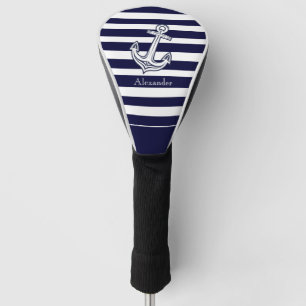 Nautical Anchor Navy Blue  and White Stripes Golf Head Cover
