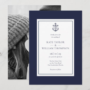 Nautical Anchor Navy Blue And White Wedding Photo  Invitation