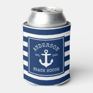 Nautical Anchor Navy Blue Beach House Striped Can Cooler