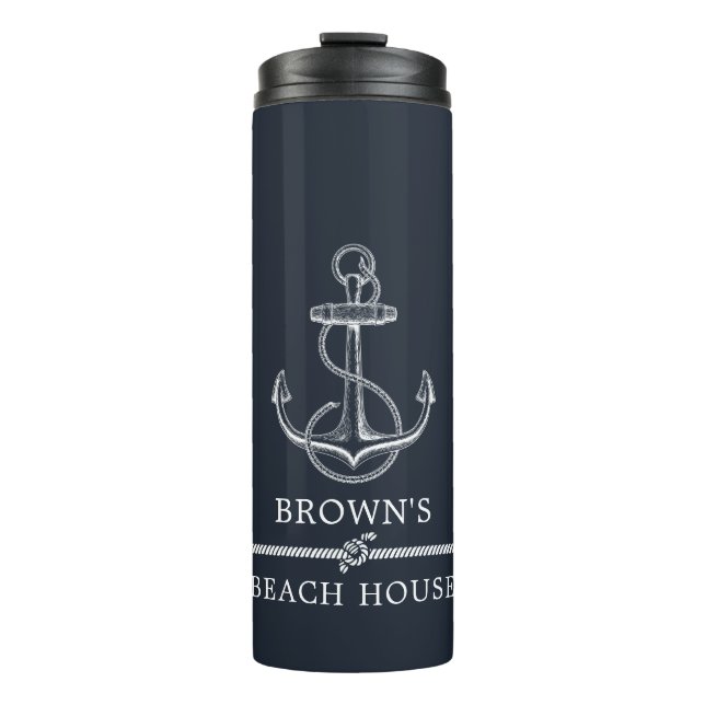 Nautical Anchor Navy Blue Beach or Lake Thermal Tumbler (Front)