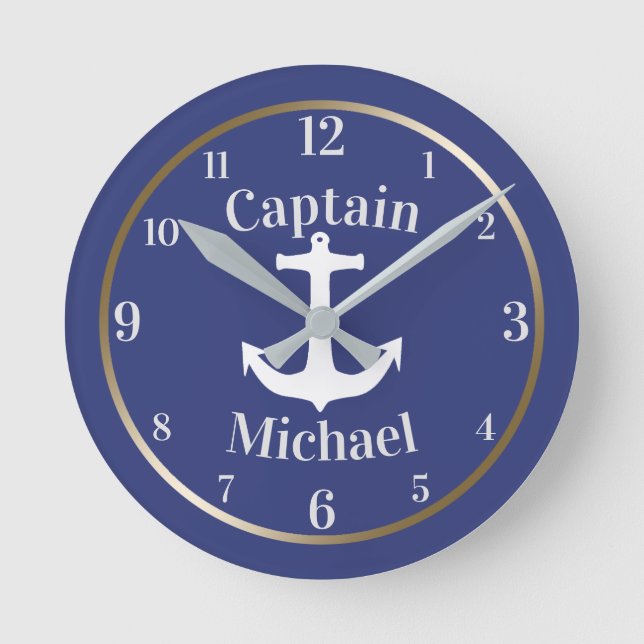 Nautical Anchor Navy Blue Boat Captain Round Clock (Front)